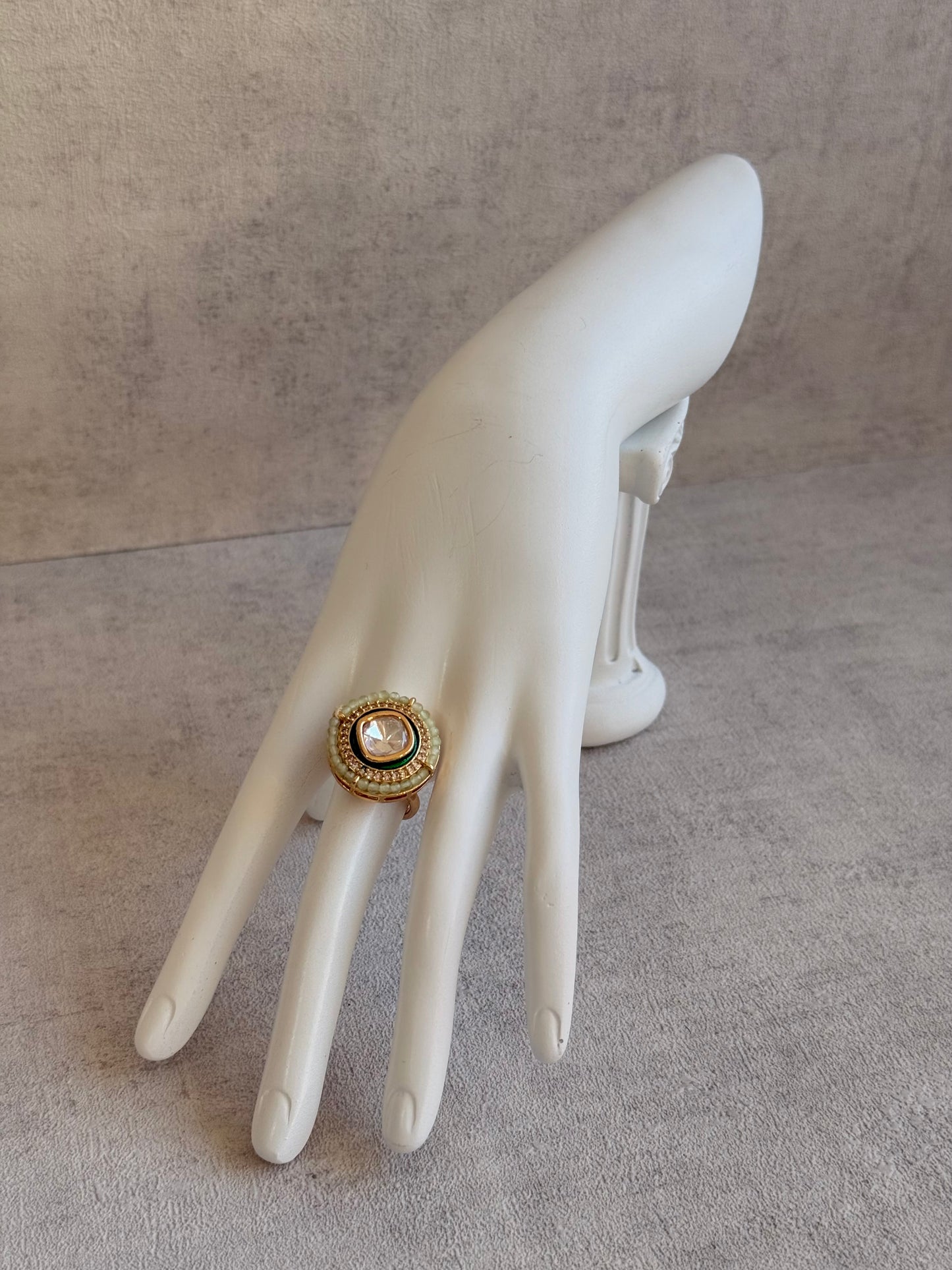 Ayura Designs Roselle Adjustable Ring – Moissanite Centre with Crystal Border & Mint Green Beads