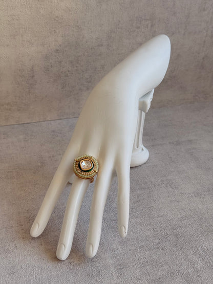 Ayura Designs Roselle Adjustable Ring – Moissanite Centre with Crystal Border & Mint Green Beads