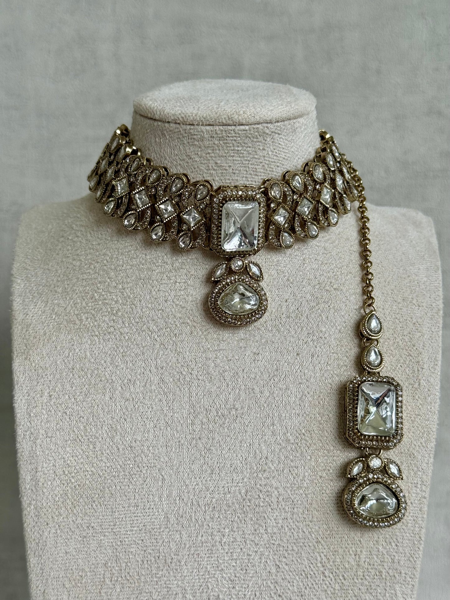 Ayura Designs Ella Choker Set with Tikka & Earrings – Antique Gold with Mirror-Cut Stones