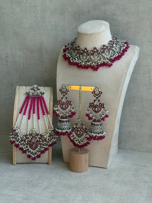 Ayura Designs Wania Set with Jhumkis, Tikka & Passa – Fuchsia Beads, Mirror-Cut Stones & Antique Silver Finish