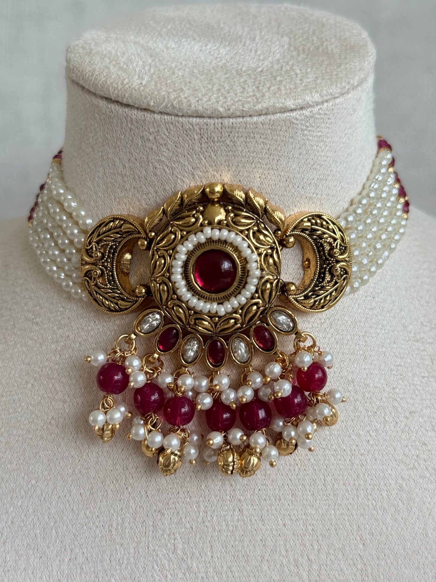 Ayura Designs Mehr Choker Set with Earrings & Tikka – Ruby Pink Stones, Ruby Pink Beads, Pearl Strands & Antique Gold Finish