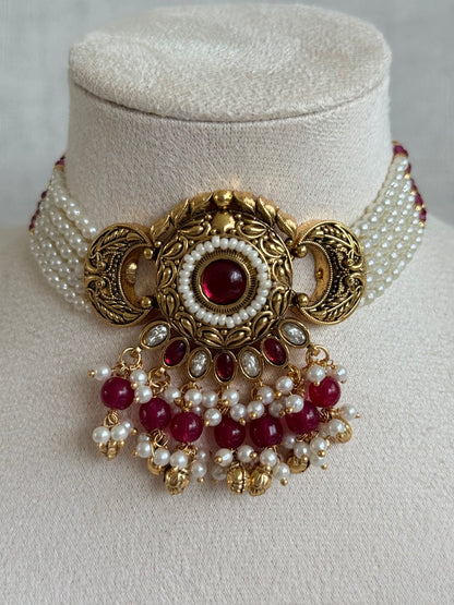 Ayura Designs Mehr Choker Set with Earrings & Tikka – Ruby Pink Stones, Ruby Pink Beads, Pearl Strands & Antique Gold Finish