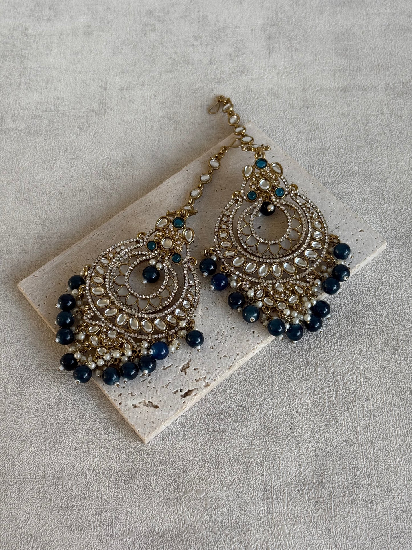 Ayura Designs Rabia Chandbalis – Antique Gold Kundan Earrings with Midnight Blue Beads, Pearls & Attached Sahare