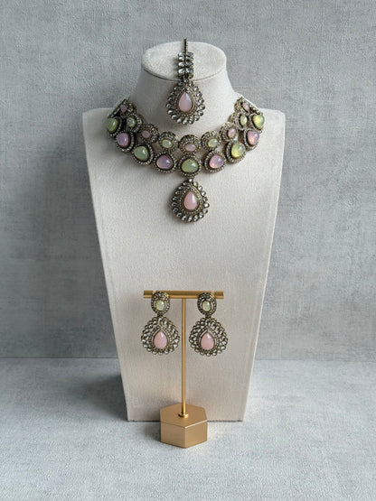 Ayura Designs Tamara Set with Necklace, Earrings & Tikka – Blush Pink & Pistachio Green Stones with Kundan Detailing in Antique Gold Finish