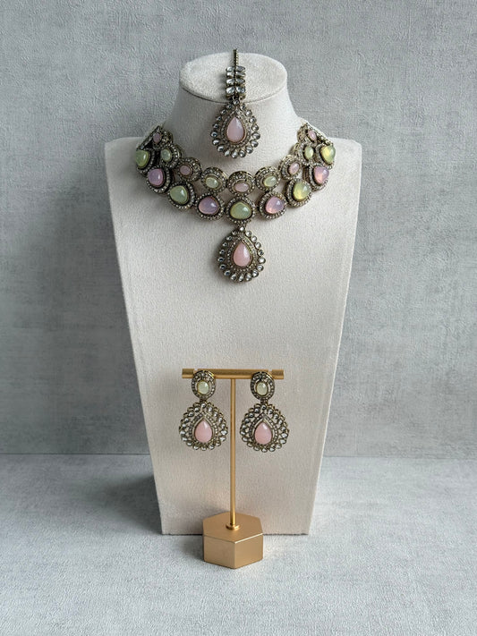 Ayura Designs Tamara Set with Necklace, Earrings & Tikka – Blush Pink & Pistachio Green Stones with Kundan Detailing in Antique Gold Finish