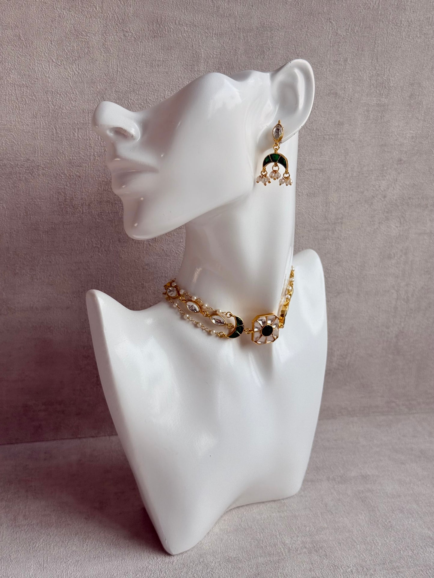 Ayura Designs Mahi Choker Set with Earrings – Meenakari Kundan Emerald Green & Ivory Detailing