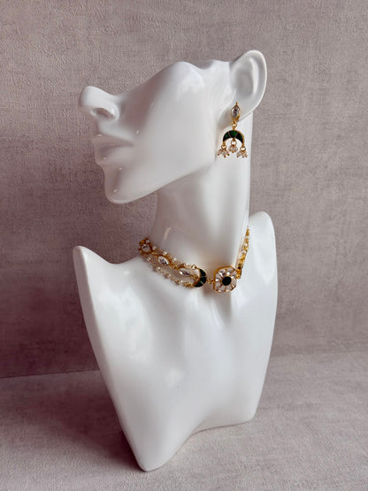Ayura Designs Mahi Choker Set with Earrings – Meenakari Kundan Emerald Green & Ivory Detailing