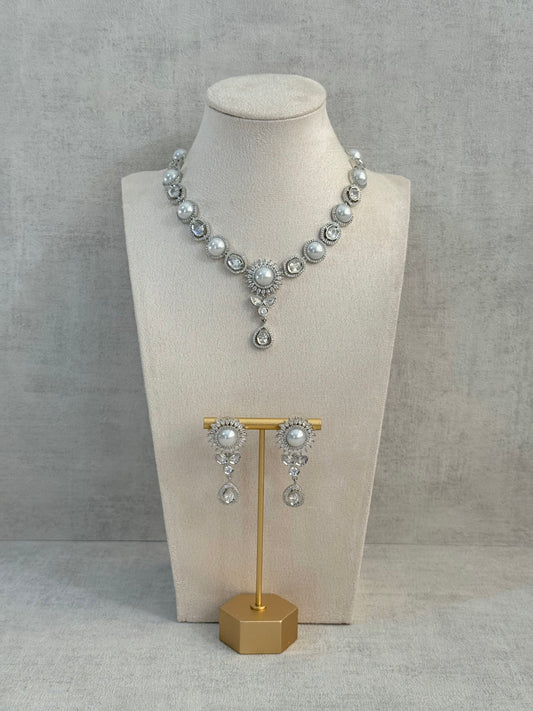 Ayura Designs Tilly Set with Necklace & Earrings – Pearl Centre with Crystal Halo Detailing in Silver Finish