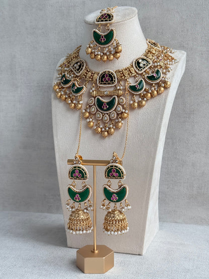 Ayura Designs Tafiza Necklace Set with Sahare Jhumki Earrings & Tikka – Emerald Green, Rani Pink, Kundan, Pearls & Antique Gold Finish