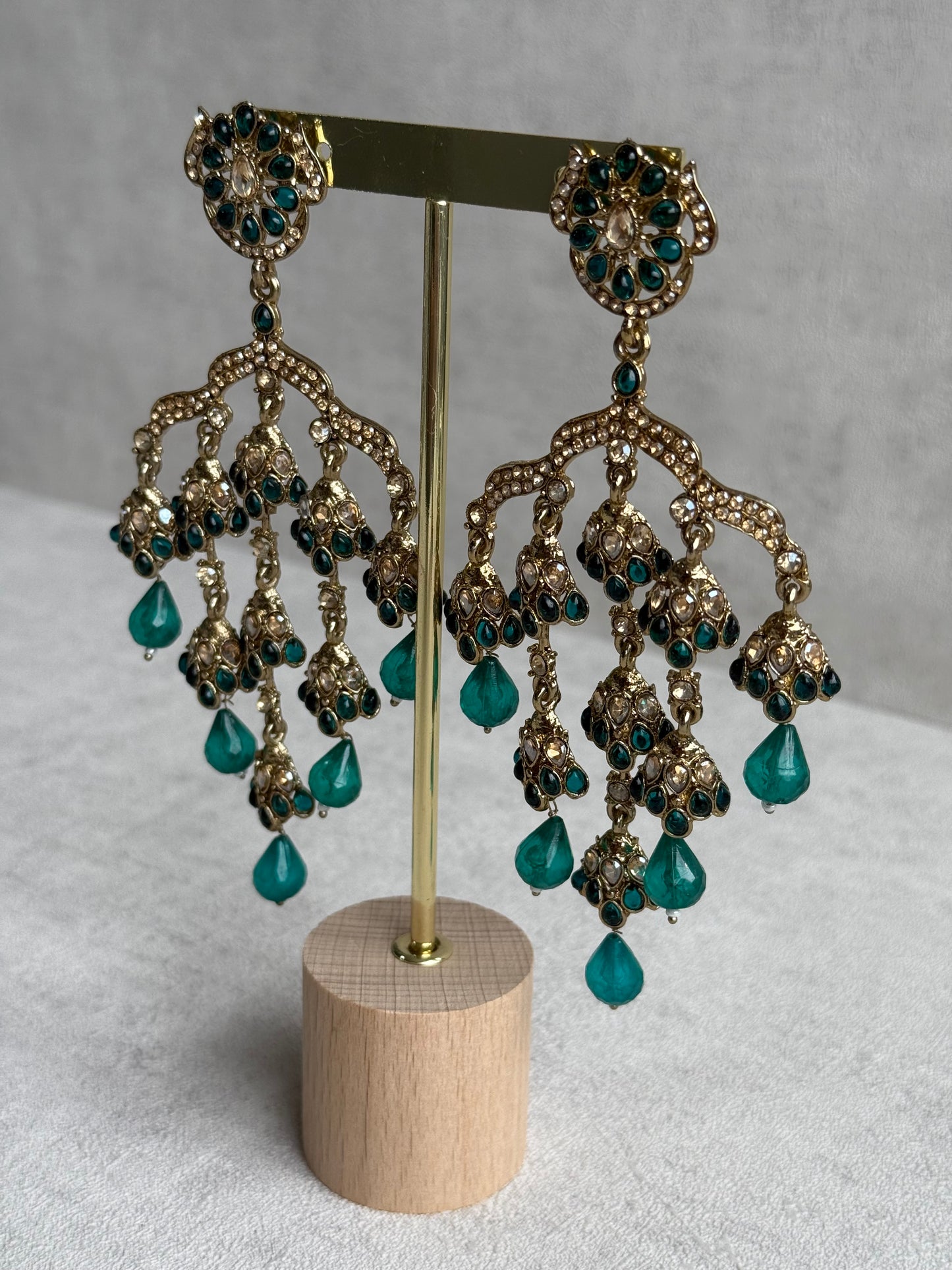 Ayura Designs Jasmine Earrings – Chandelier Earrings with Teal Green Beads & Antique Gold Detailing
