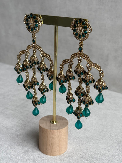 Ayura Designs Jasmine Earrings – Chandelier Earrings with Teal Green Beads & Antique Gold Detailing