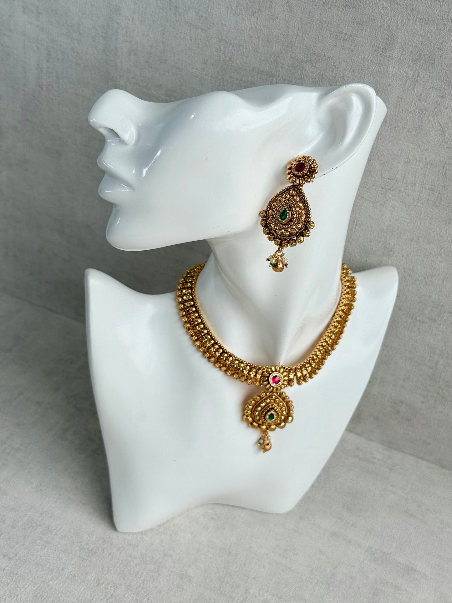 Ayura Designs Ayma Necklace Set with Earrings – Antique Gold Finish with Ruby Pink, Emerald Green & Crystal Detailing