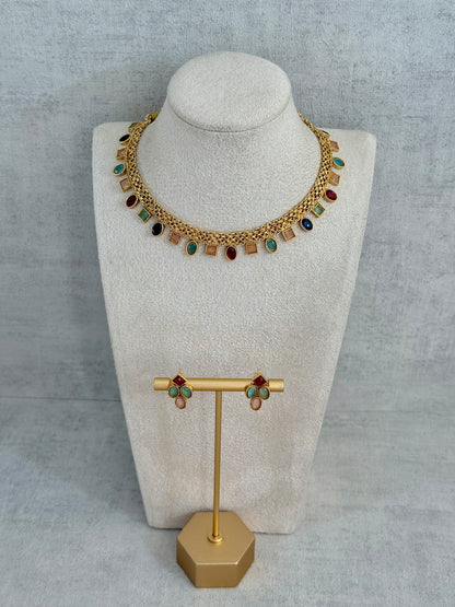 Ayura Designs Bhawani Set with Necklace & Stud Earrings – Multicolour Stone Charms in Antique Gold Finish