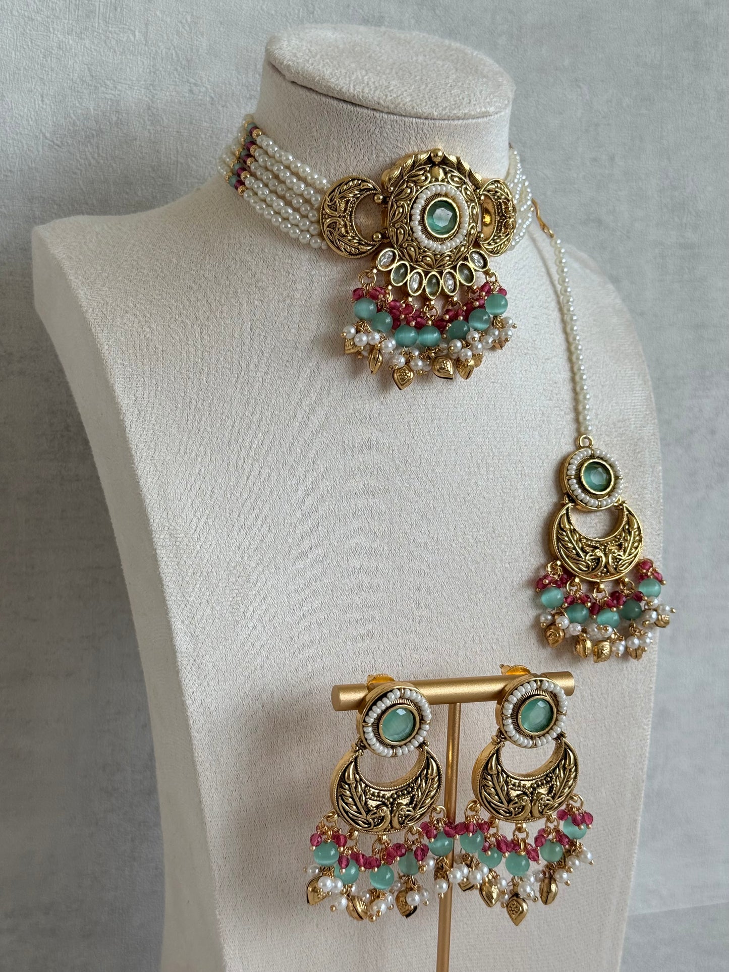 Ayura Designs Mehr Choker Set with Earrings & Tikka – Mint Green Stones, Ruby Pink Beads, Pearl Strands & Antique Gold Finish