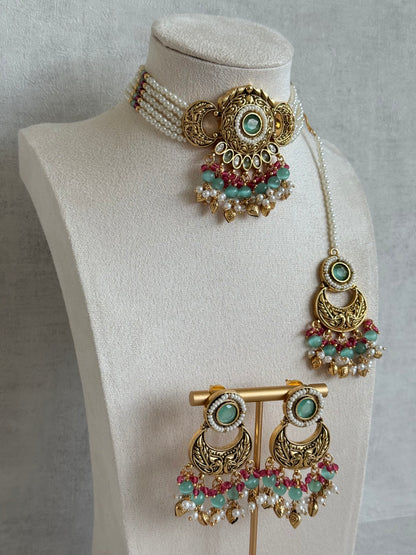 Ayura Designs Mehr Choker Set with Earrings & Tikka – Mint Green Stones, Ruby Pink Beads, Pearl Strands & Antique Gold Finish