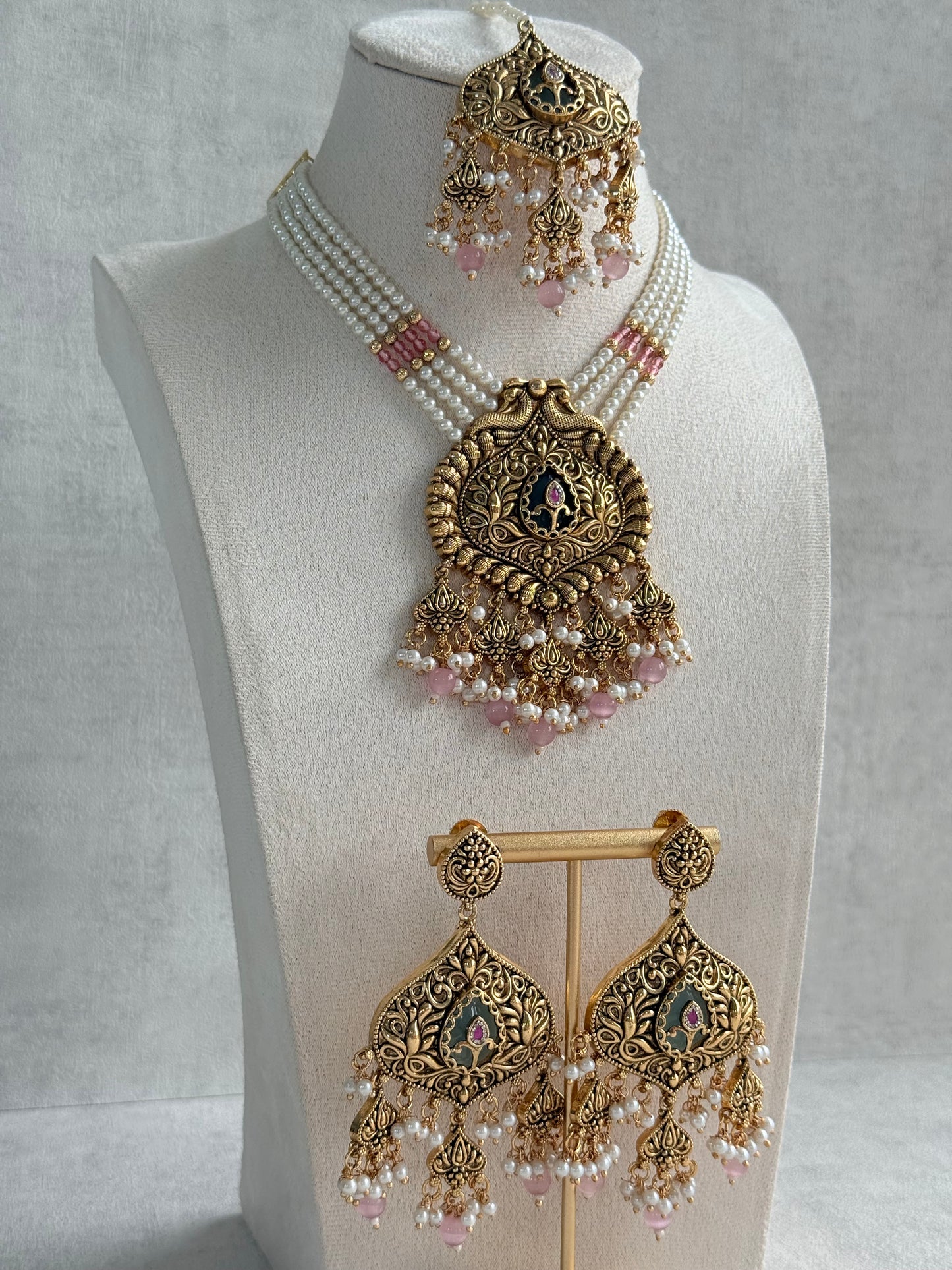 Ayura Designs Afia Necklace Set with Earrings & Tikka – Antique Gold, Blush Pink Pearls, Green Centre Stone & Peacock Motifs
