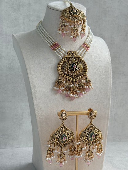 Ayura Designs Afia Necklace Set with Earrings & Tikka – Antique Gold, Blush Pink Pearls, Green Centre Stone & Peacock Motifs