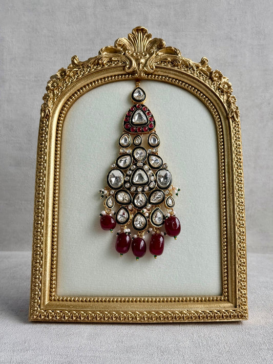 Ayura Designs Salma Jhoomar Passa – Ruby Red Beads with Kundan Stones & Antique Gold Finish