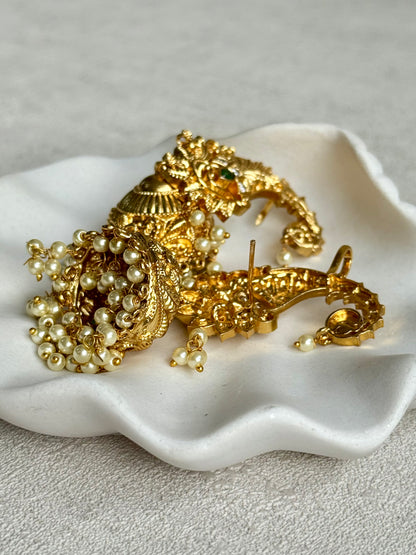 Ayura Designs Anika Jhumkis – Gold Half Ear Cuffs with Peacock Motif, Green Stone Accents, Kundan Crystals & Pearl Jhumka Drops