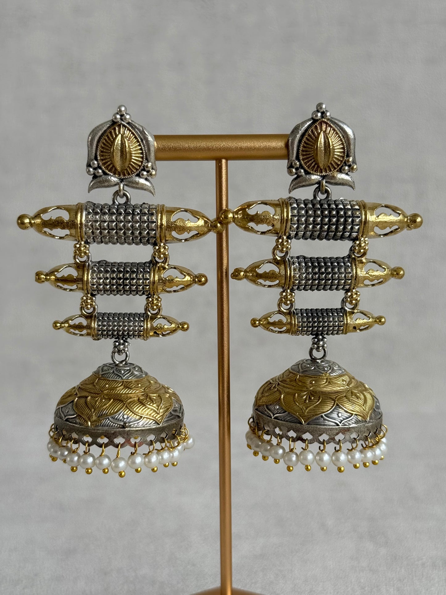 Ayura Designs Tehzeeb Earrings – Dual Tone Oxidised Statement Jhumkis with Pearl Detailing