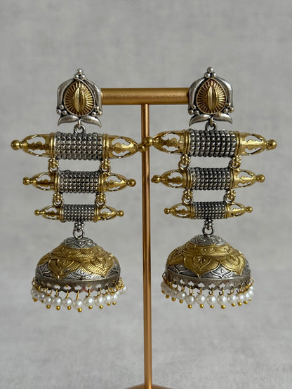 Ayura Designs Tehzeeb Earrings – Dual Tone Oxidised Statement Jhumkis with Pearl Detailing