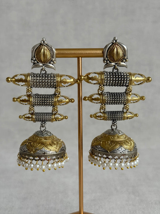 Ayura Designs Tehzeeb Earrings – Dual Tone Oxidised Statement Jhumkis with Pearl Detailing