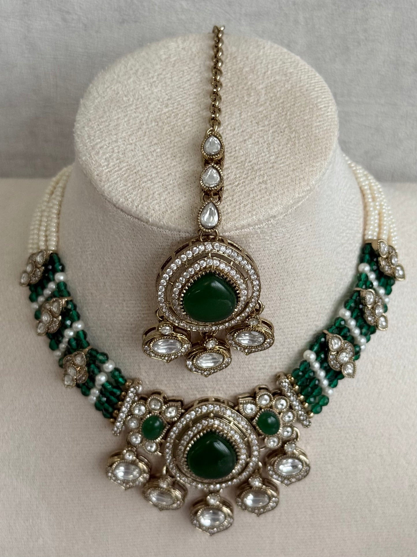 Ayura Designs Rahi Necklace Set with Earrings & Tikka – Emerald Green Stones with Mirror-Cut Detailing & Pearl Strands
