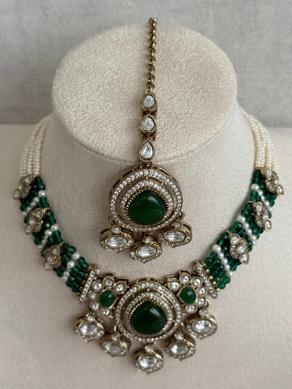 Ayura Designs Rahi Necklace Set with Earrings & Tikka – Emerald Green Stones with Mirror-Cut Detailing & Pearl Strands