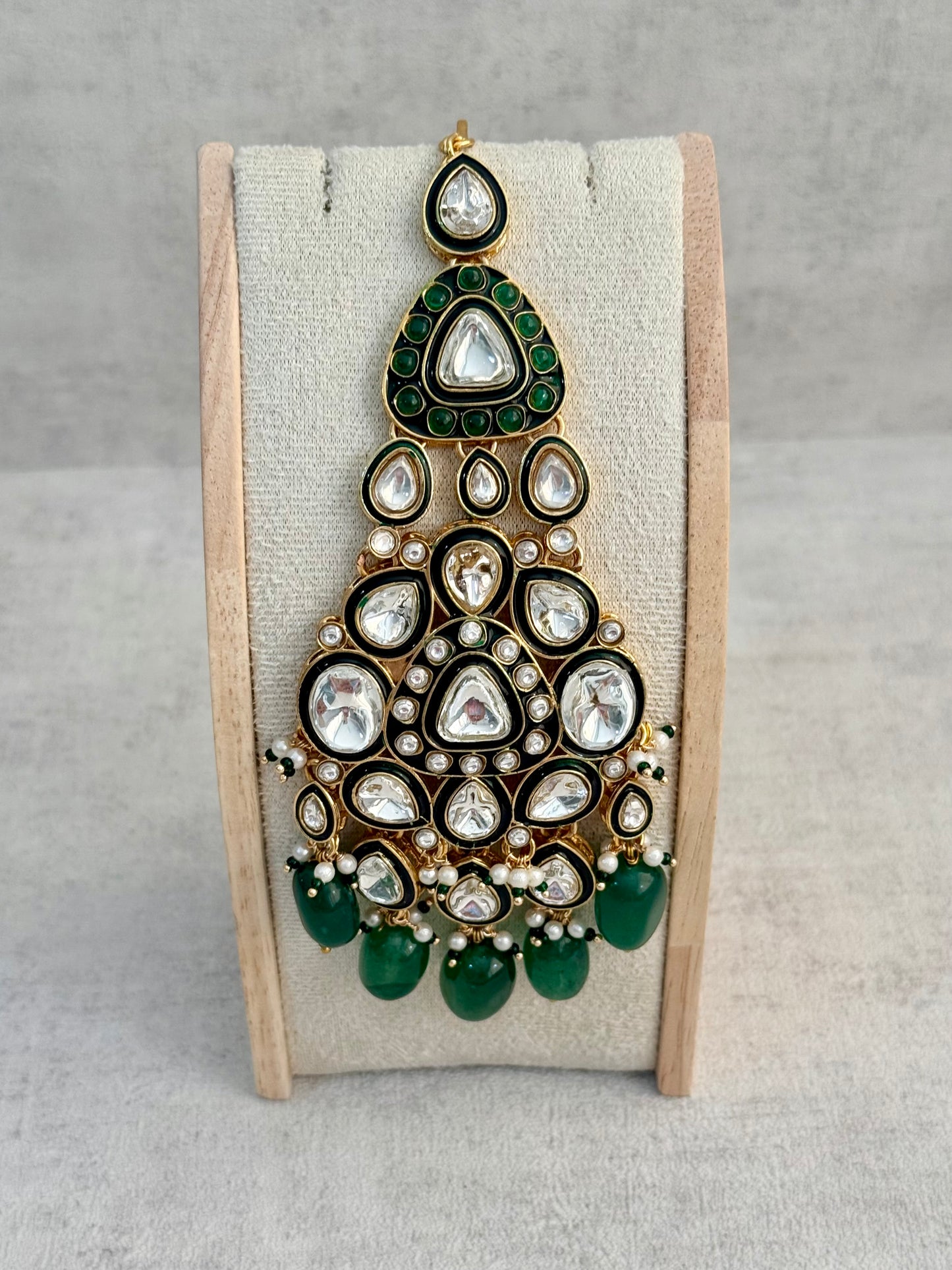 Ayura Designs Salma Jhoomar Passa – Emerald Green Drops with Kundan Stones & Antique Gold Finish