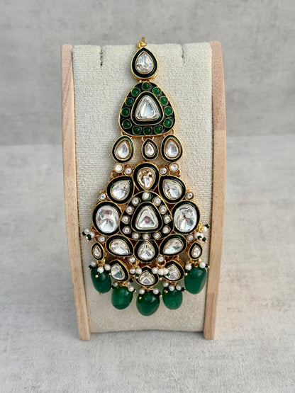 Ayura Designs Salma Jhoomar Passa – Emerald Green Drops with Kundan Stones & Antique Gold Finish