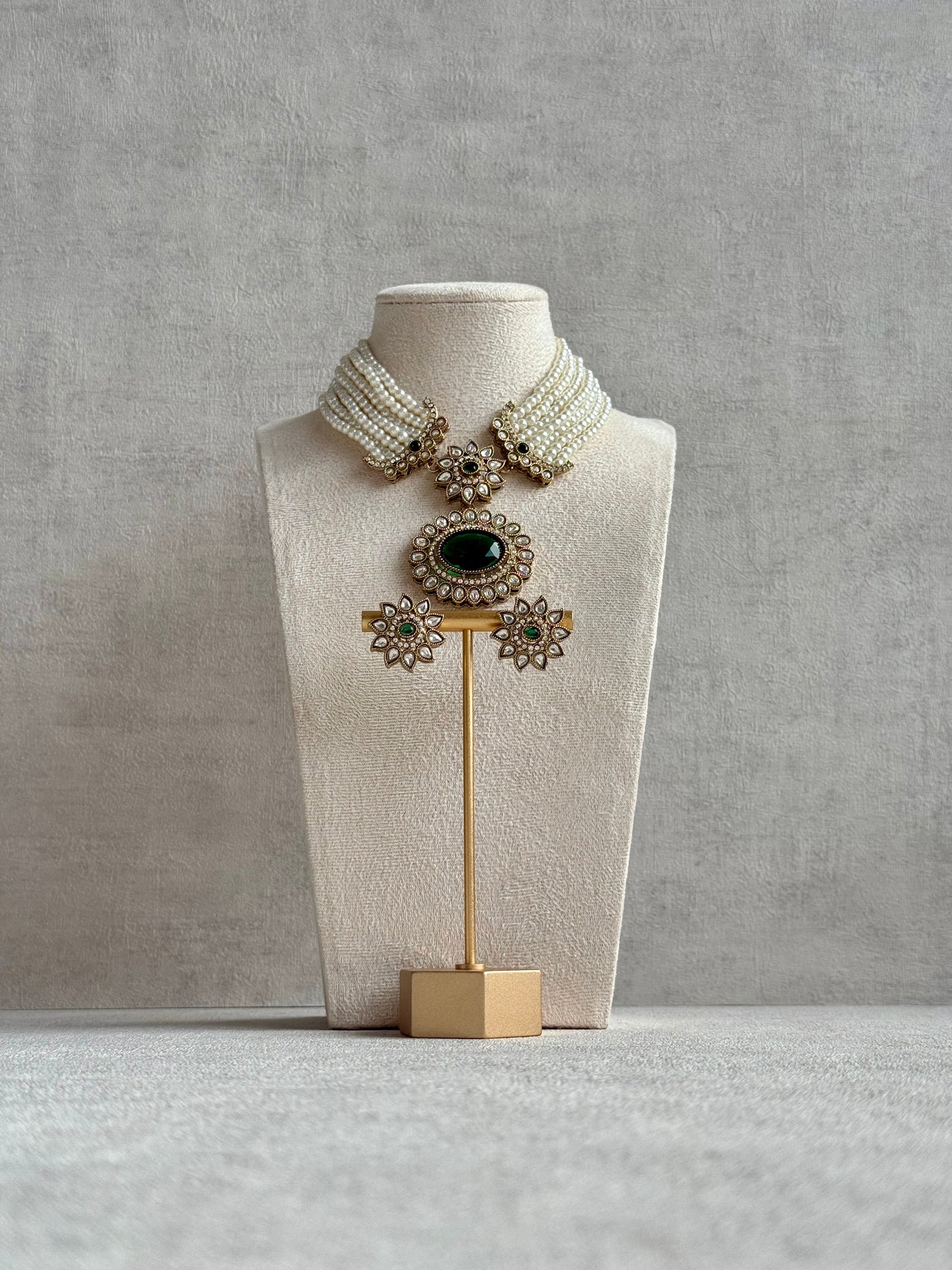Ayura Designs Amaya Necklace Set with Studs – Antique Finish in Emerald Green Stones with Pearl Strands
