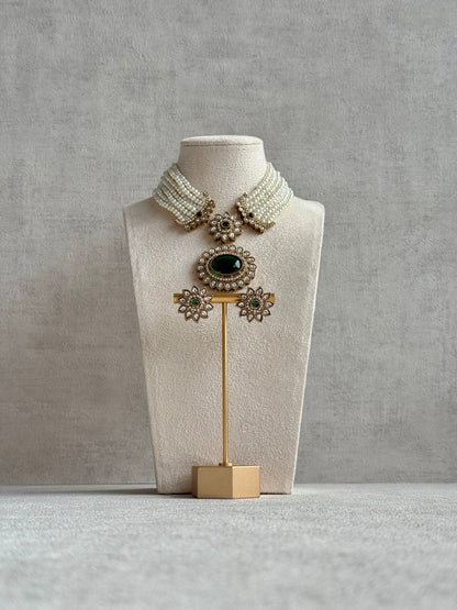 Ayura Designs Amaya Necklace Set with Studs – Antique Finish in Emerald Green Stones with Pearl Strands