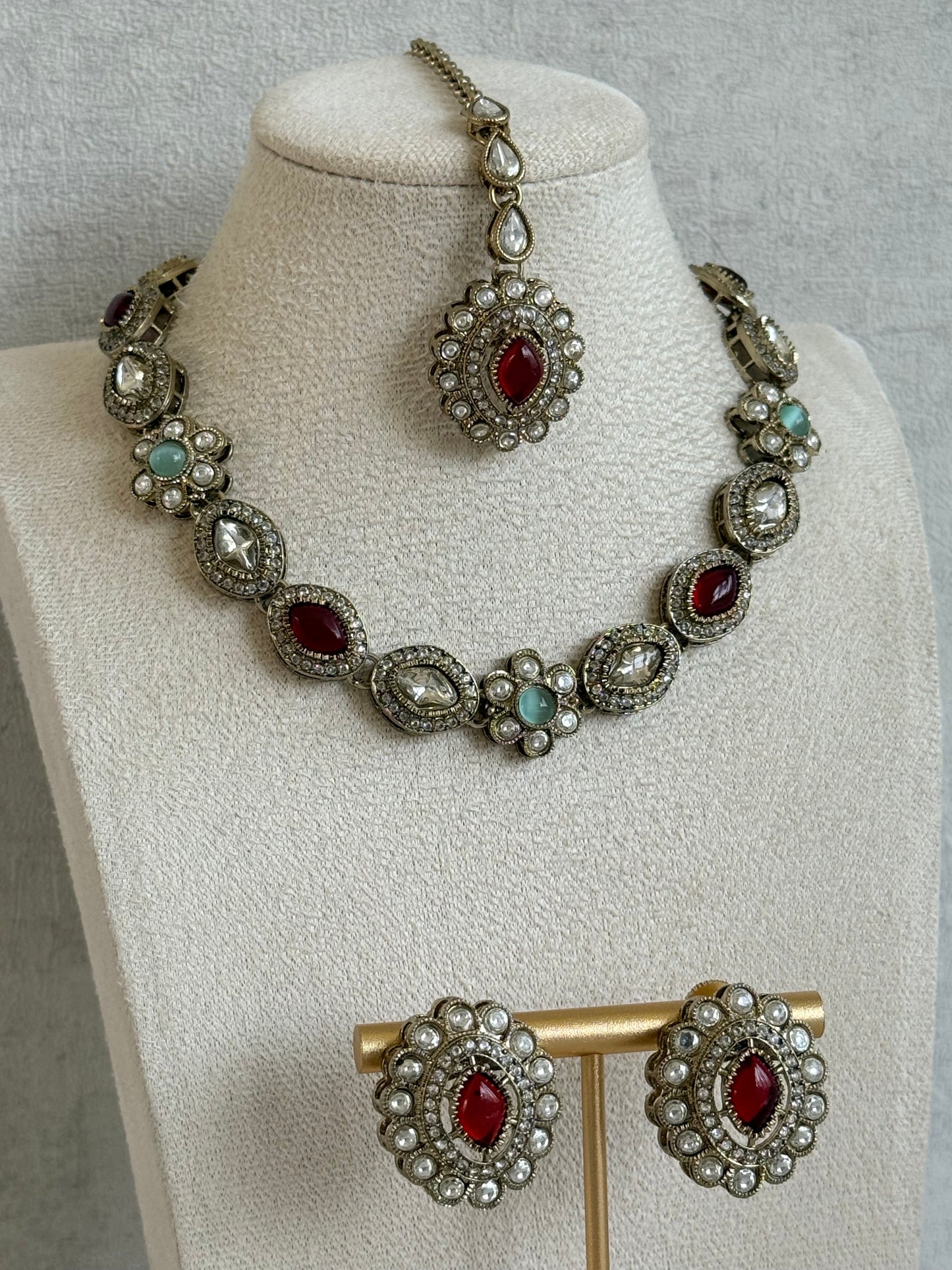 Ayura Designs Ivy Necklace Set with Studs & Tikka – Ruby Red & Mint Green Kundan Detailing
