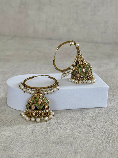 Ayura Designs Jugni Bali Jhumkas – Antique Gold with Pastel Green & Pearl Accents