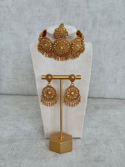 Ayura Designs Nawab Choker Set – Exquisite Antique Gold Choker, Earrings & Tikka