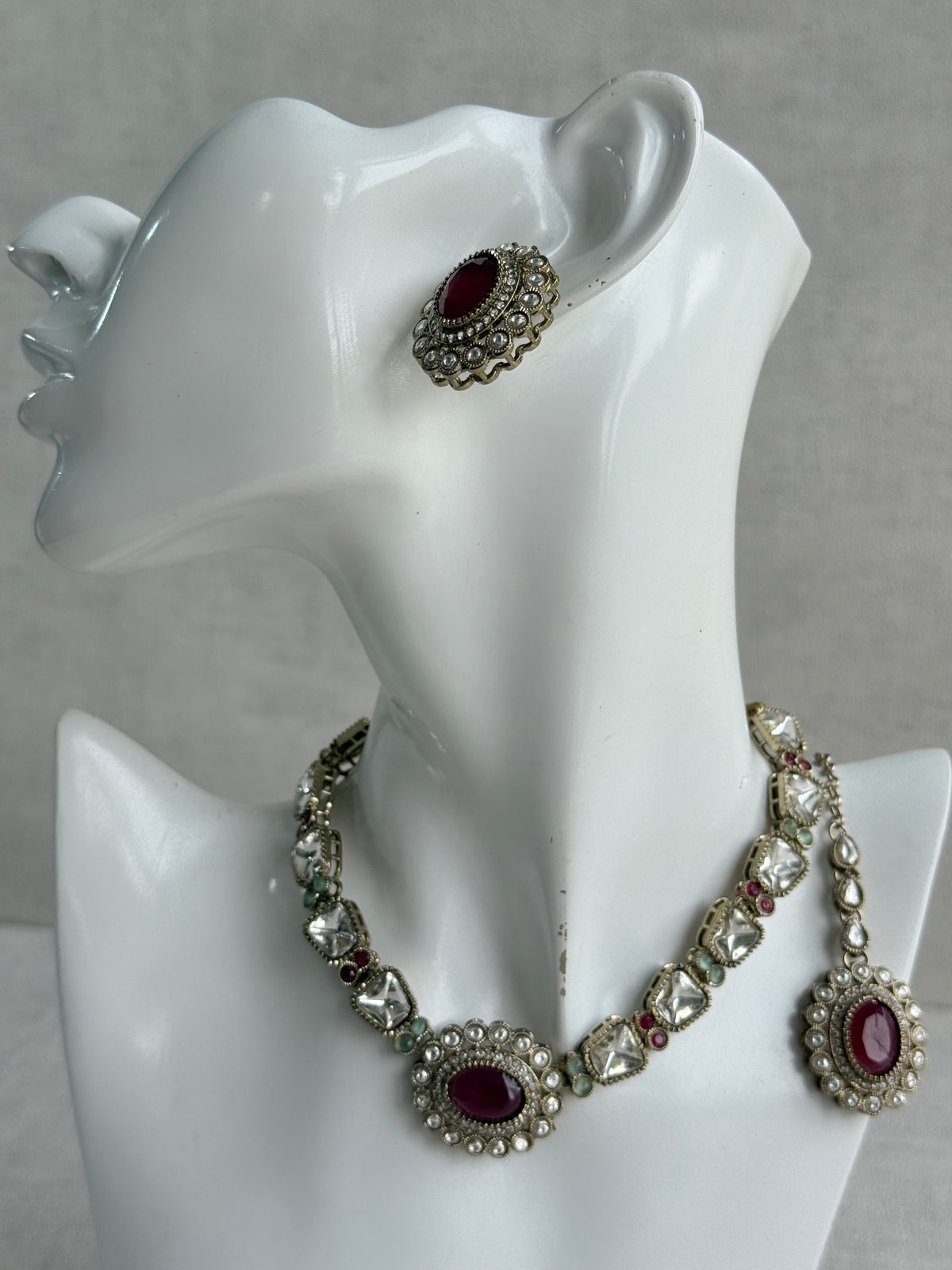 Ayura Designs Inza Necklace Set – Rani Pink & Mint Green Stones, Kundan & Crystals with Antique Gold Finish