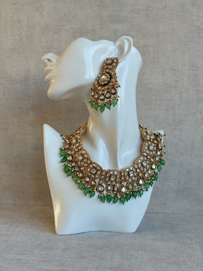 Ayura Designs Ishrat Set with Necklace, Earrings & Tikka – Kundan Detailing, Pearl Drops & Sage Green Beads