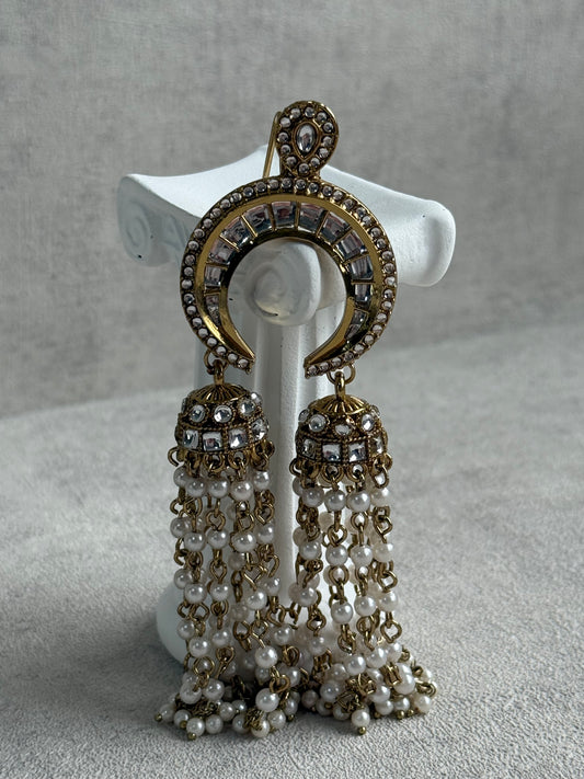 Ayura Designs Chand Hair Brooch – Crescent Polki Design with Pearl Tassels & Antique Gold Finish