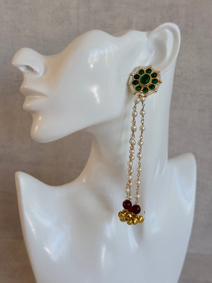 Ayura Designs Noorzar Earrings – Duster Earrings with Emerald Green Stones, Ruby Red Beads & Pearl Chains