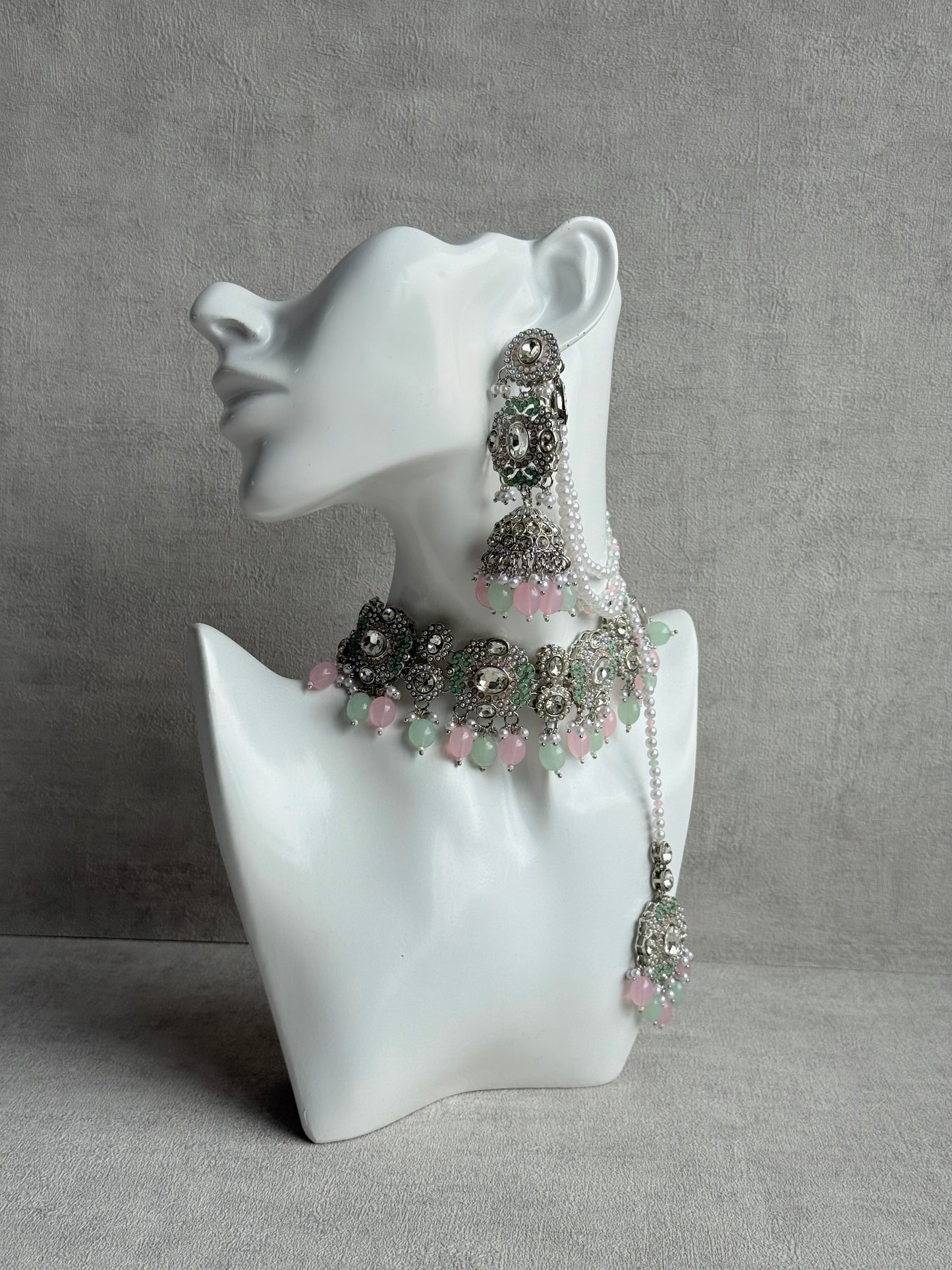 Ayura Designs Uzairah Set with Tikka & Sahare Jhumkis – Pastel Mint & Blush Beads with Pearl Strands & Mirror-Cut Detailing