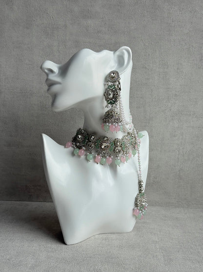Ayura Designs Uzairah Set with Tikka & Sahare Jhumkis – Pastel Mint & Blush Beads with Pearl Strands & Mirror-Cut Detailing