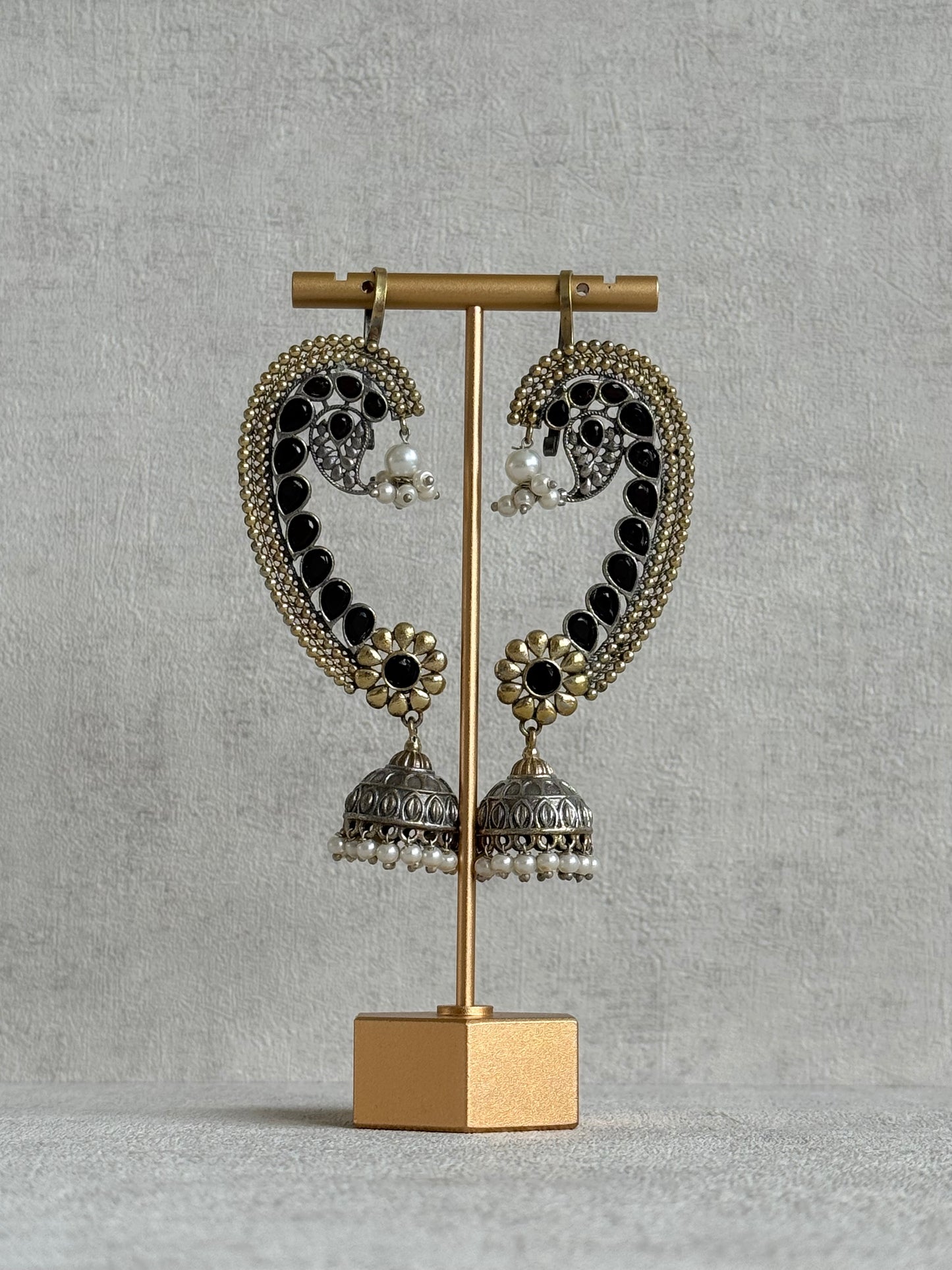 Ayura Designs Koyal Jhumkis – Oxidised Dual Tone Ear Climber Jhumkis with Black Kundan & Pearl Detailing