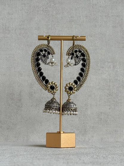 Ayura Designs Koyal Jhumkis – Oxidised Dual Tone Ear Climber Jhumkis with Black Kundan & Pearl Detailing
