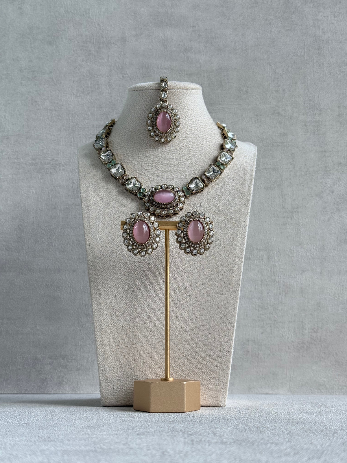 Ayura Designs Inza Necklace Set – Blush Pink & Mint Green Stones, Kundan & Crystals with Antique Gold Finish