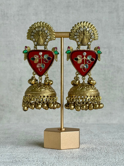 Ayura Designs Makali Earrings – Crimson Red Enamel with Multicolour Stones & Antique Gold Jhumkis