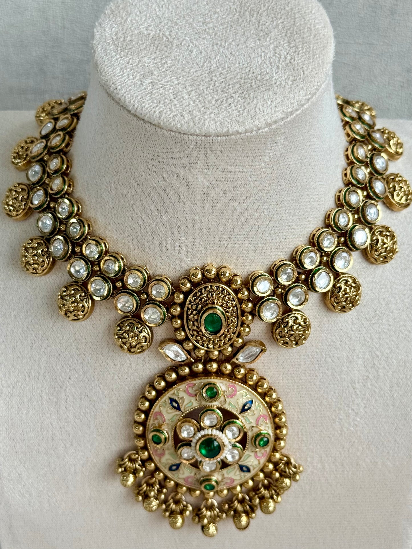Ayura Designs Zayna Set with Necklace & Earrings – Ivory Meenakari with Emerald Green Stones