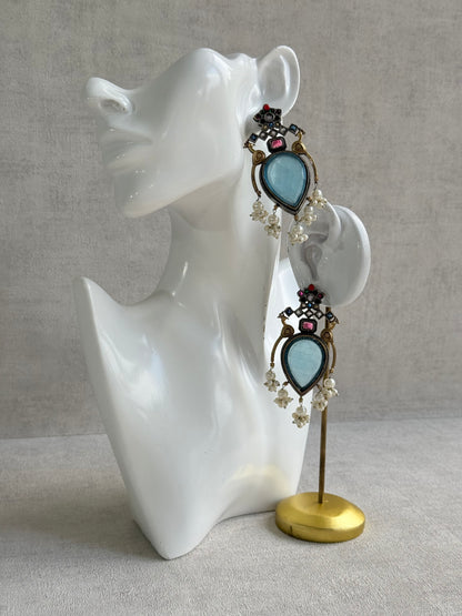 Ayura Designs Kafila Earrings – Dual Tone Oxidised Earrings with Peacock Motifs, Aqua Blue & Multicolour Stones