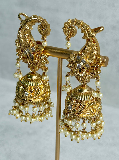 Ayura Designs Anika Jhumkis – Gold Half Ear Cuffs with Floral Motif, Kundan Crystals & Pearl Jhumka Drops