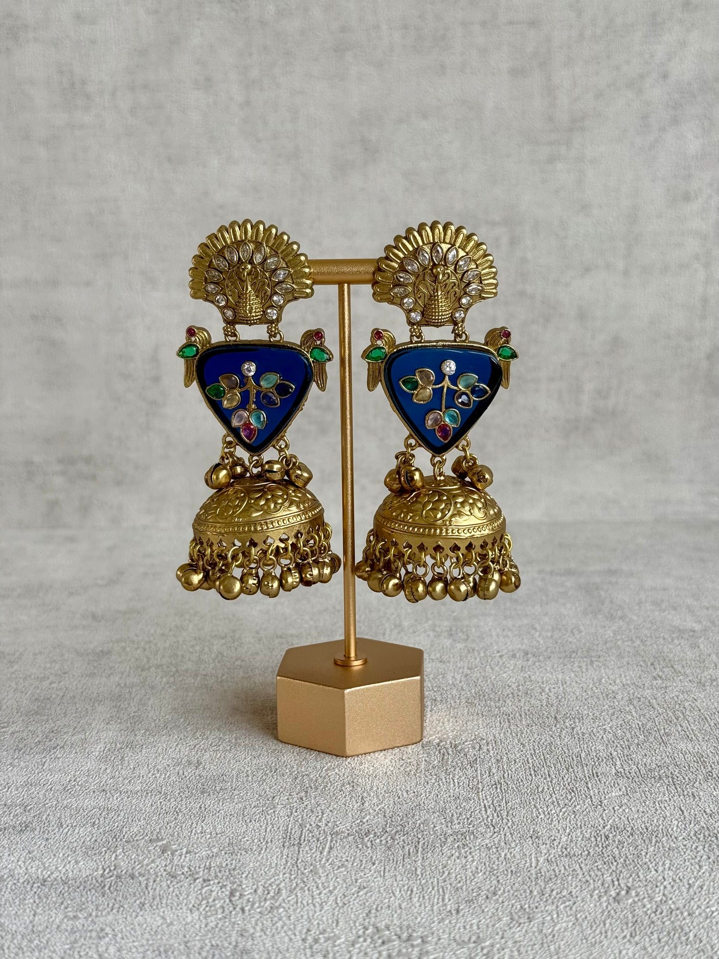 Ayura Designs Makali Earrings – Midnight Blue Enamel with Multicolour Stones & Antique Gold Jhumkis