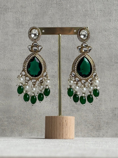 Ayura Designs Nageen Earrings – Antique Gold Jhumkis with Emerald Green Stones, Mirror-Cut Accents & Pearl Drops